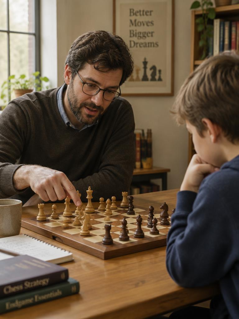 A coach and student going through a chess game together at the board