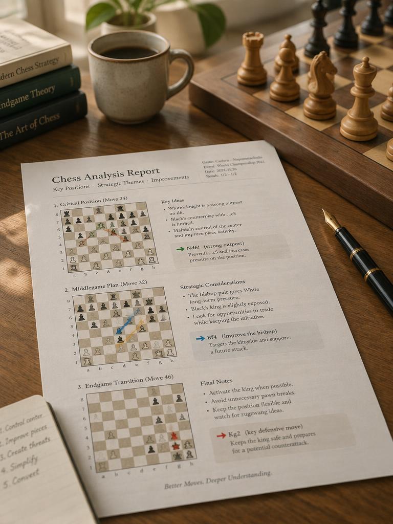 A finished chess analysis report with annotated boards on a desk